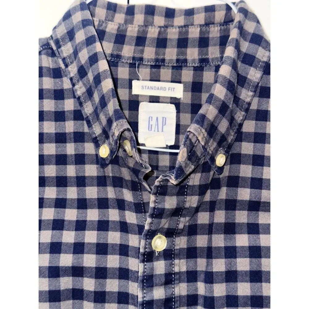 GAP Standard Fit Men Medium Blue White Gingham Button Down Shirt 100% Cotton - Picture 3 of 8